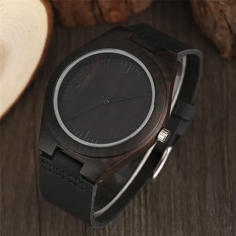 Unique Full Black Men's Ebony Wood Watch Luxury Gifts Light Bamboo Analog Quartz Wristwatch Leather Strap Reloj de madera262b