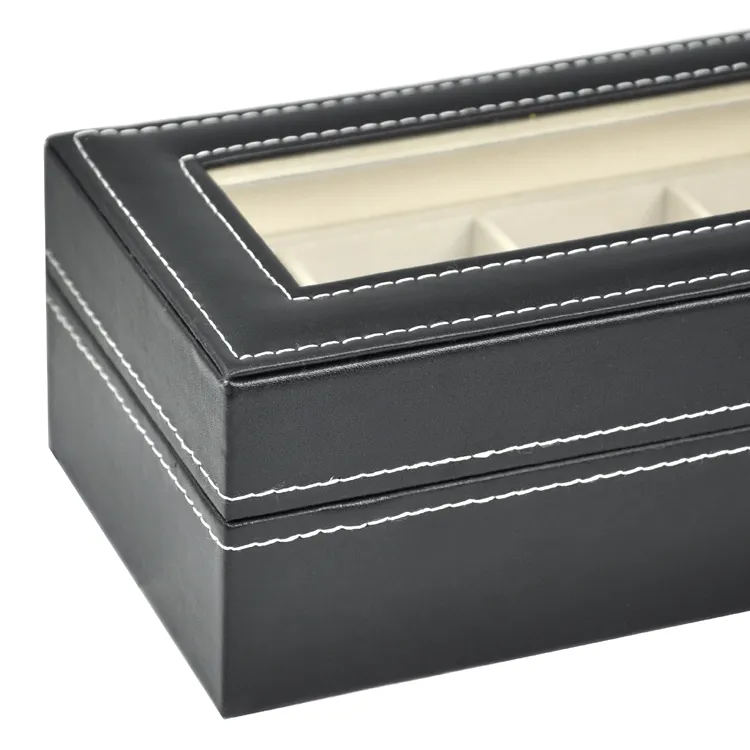 Caixas de relógio capas de couro falso 6 grade caixa de exibição caso organizador de armazenamento preto1307u
