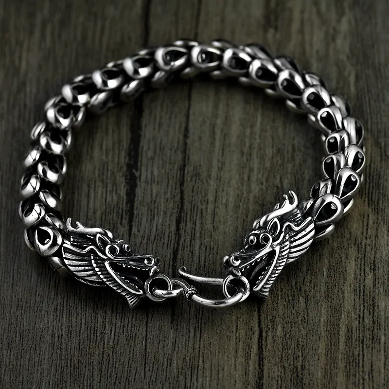 Dragon Scale Bracelet Chain Real Pure 925 Sterling Silver Double Heads Vintage Punk Rock Retro Style Men Jewelry CX2007062819