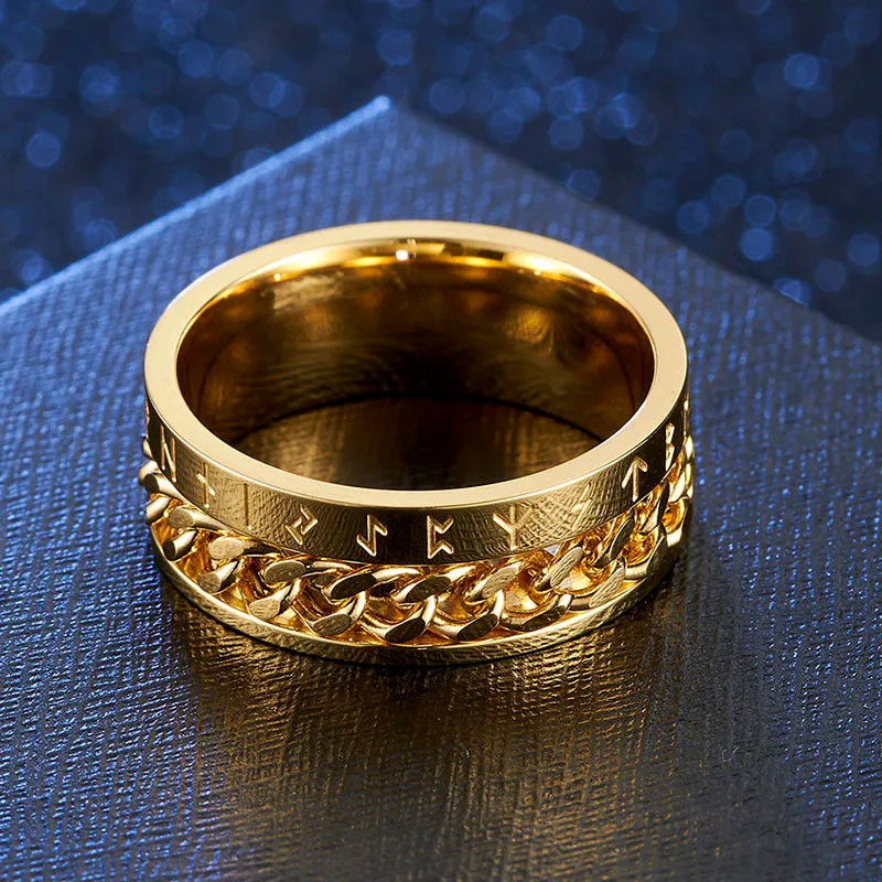 Valely Norse Viking Symbol Pierścień ze stali nierdzewnej Goldblack Cuban Link obrotowy pierścionek dla mężczyzn 9 mm Band Wedding Pierścienie Biżuterii 6842974