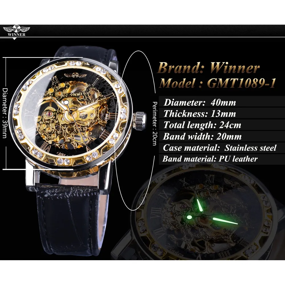 Winnaar Zwart Gouden Retro Lichtgevende Handen Mode Diamant Display Heren Mechanische Skeleton Horloges Topmerk Luxe Klok Wat183g