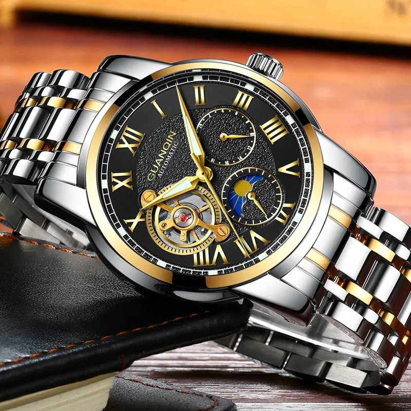GUANQIN Top Marke Tourbillon Automatische Armbanduhr Luxus Männer Sport Edelstahl Wasserdichte Mechanische Uhr relogio masculino251z
