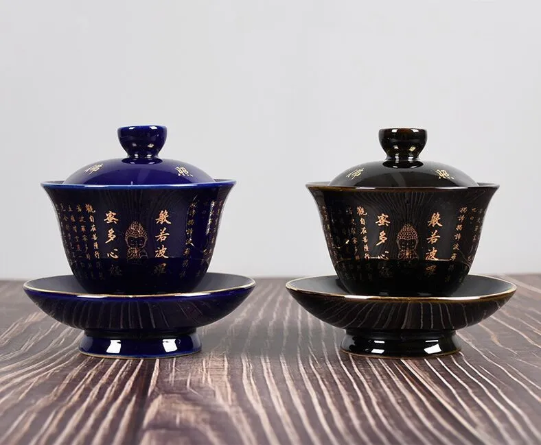 Service à thé bol à couvercle individuel bol à thé en céramique, tasse à thé, bol à couvercle bleu ancien avec feuille de bodhi lamp222L