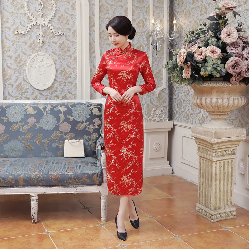 高ファッションレッドサテンチャイナ山ヴィンテージ高品質中国人女性QIPAOシルム半袖ノベルティロングドレスS-2XL E0013-A C18122701