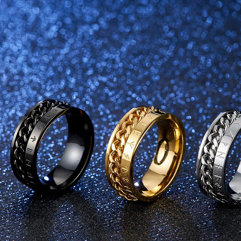 Valily Norse Viking Symbol Ring rostfritt stål Goldblack kubansk länk roterande ring för män 9mm band bröllop ringar smycken1780775