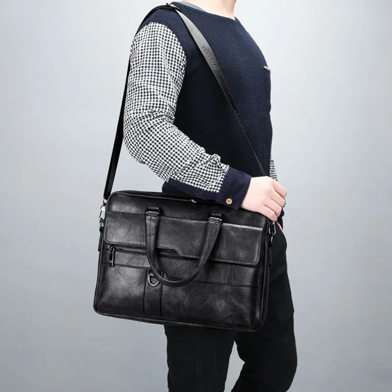 SHUJIN Retro Men PU Leather Black Briefcase Business Men Handbags Male Vintage Shoulder Messenger Bag Large Laptop Handbags1256G