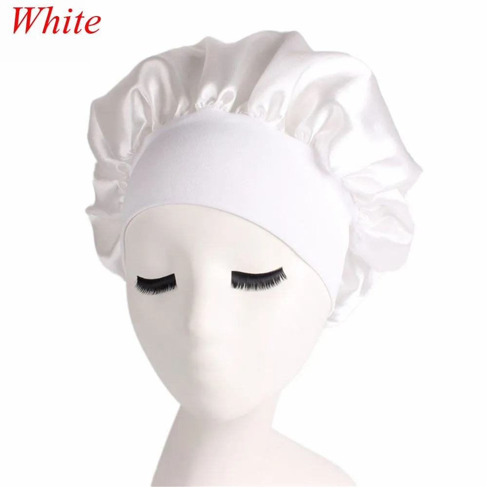 feminino faixa larga cetim seda gorro confortável noite sono boné chapéu senhoras seda macia longo cuidados com o cabelo gorro headwrap345n