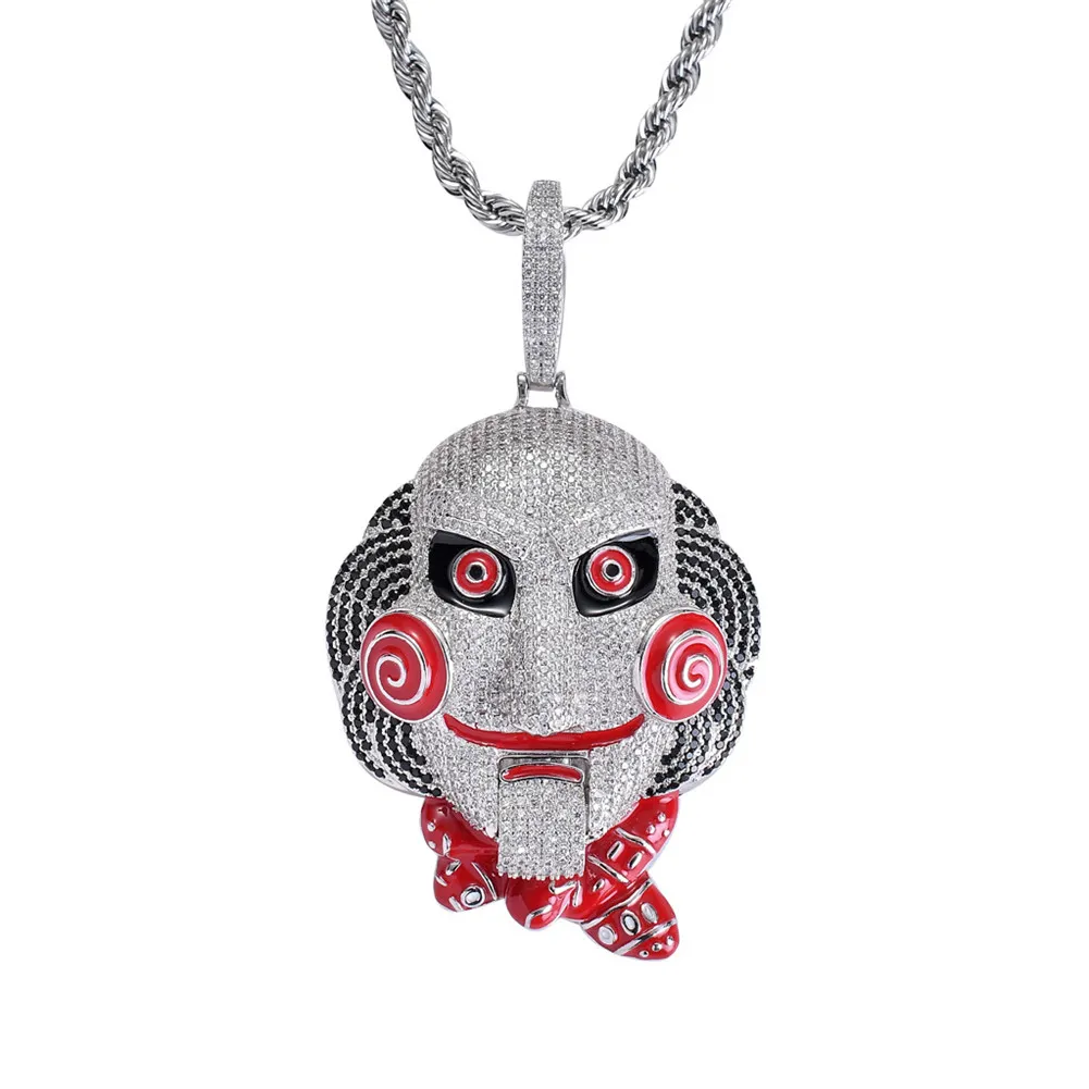 Iced Out Large Size 6ix9ine Mask Doll Pendant Necklace Mouth Can Be Moved Gold Silver Plated Micro Paved Zircon Men Jewelry261w