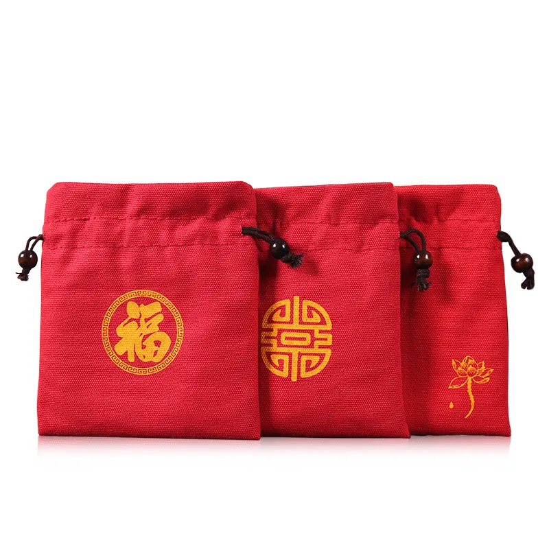 Alegre vermelho veludo viagem saco de cordão impresso pano sacos de jóias engrossar algodão linho bolsa sorte contas pulseira armazenamento pouch227d