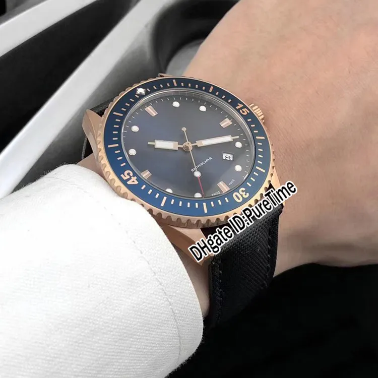 New Fifty Fathoms 50 Fathoms Bathyscaphe 5000-36S30-B52A Rose Gold Black Dial Automatic Mens Watch Relógios de couro de nylon Puretime 198k