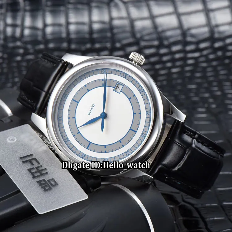 الفاخرة الكلاسيكية الجديدة Calatrava 5296 5296r-001 White Blue Dial Japan Miyota 8215 Automatic Mens Watch Rose Gold Case Leather Strap 249J