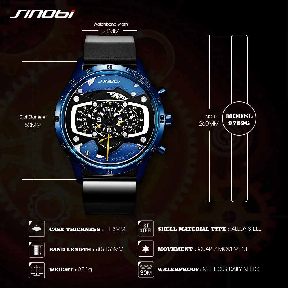 Relogio Masculino SINOBI часы мужские автомобильные креативные часы мужские модные повседневные гоночные спортивные хронограф силиконовые кварцевые часы201i