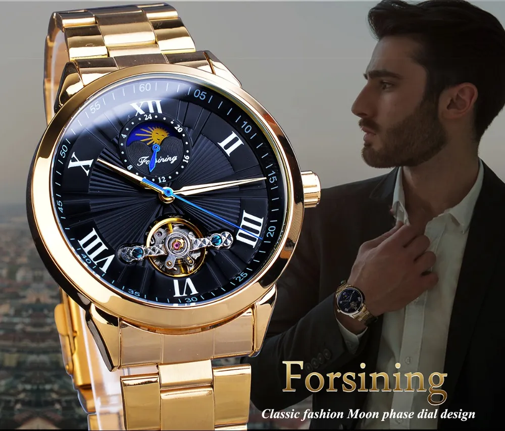 Мужские автоматические механические наручные часы Forsining, турбийон из нержавеющей стали, дизайн, черная луна, фазовый циферблат, лучший бренд Luxury233w