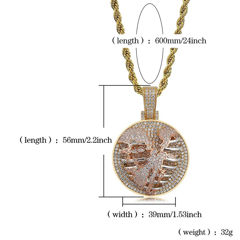 Mens 18K Gold Iced Out CZ Cublic Zirconia Personalized Tore Heart Crack Lung Round Pendant Necklace Chain Hip Hop Jewelry Wh1925