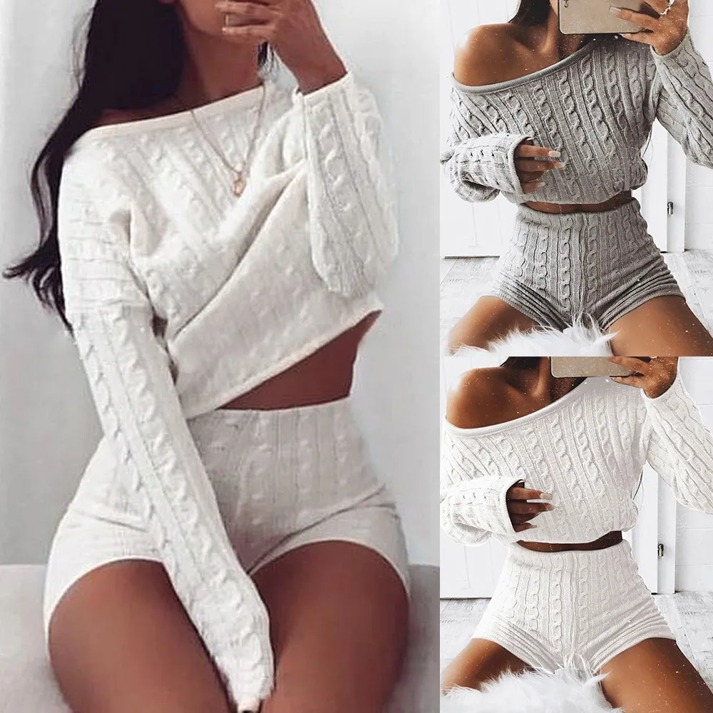 Nouveau femmes câble tricot Crop Top Lounge Wear costume dames Co ord survêtement ensemble salon porter solide crop top chemises shorts pantalons T200629