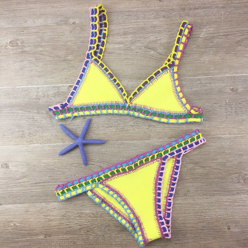 Bikini 2019 Hand Crocheted Bikini Knit Patchwork Women Swimwear Swimsuit Halter Top Maillot Biquini Bathing Suits Y19072601