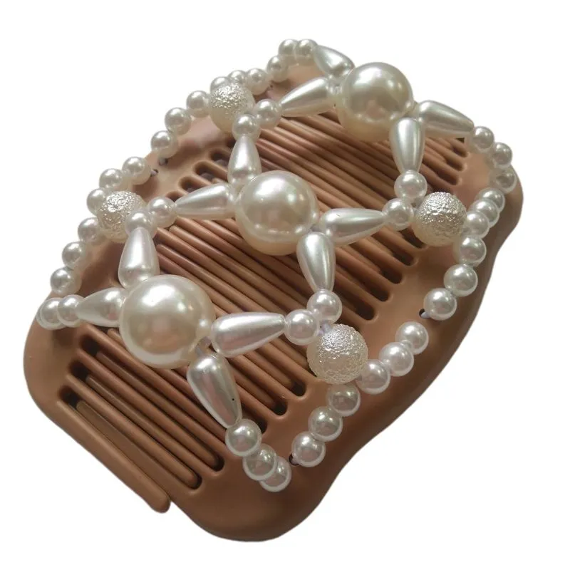 Kvinnor Magic Double Hair Comb Imitation Wood Pearl Clip Stretchy Hairpin Bead DIY C6UD1230L