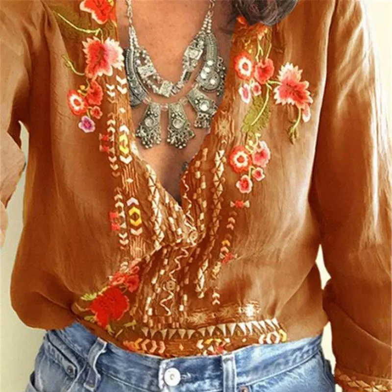 Fanbety Women Embroidery Bohemian Blouse Shirt Elegant Sexy V Neck Ethnic Style Blusas Summer Casual three quarter Boho Blouses LY191116