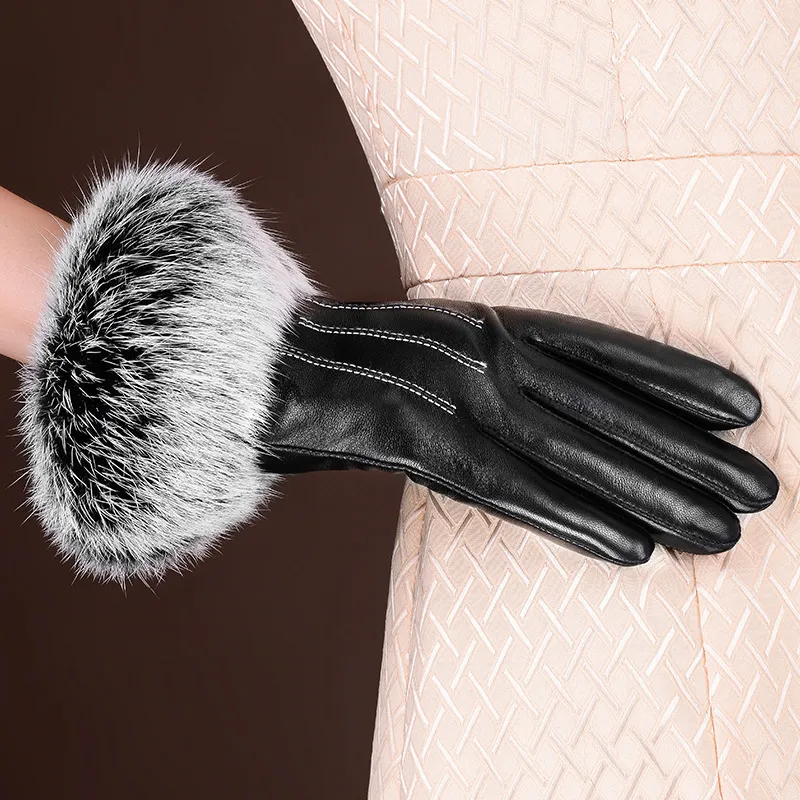 Guantes de piel de oveja negros de invierno, guantes de cuero para mujer, guantes de piel de conejo con parte superior de muñeca, guantes de piel de oveja, guantes de conducción femeninos cálidos negros CJ1269b