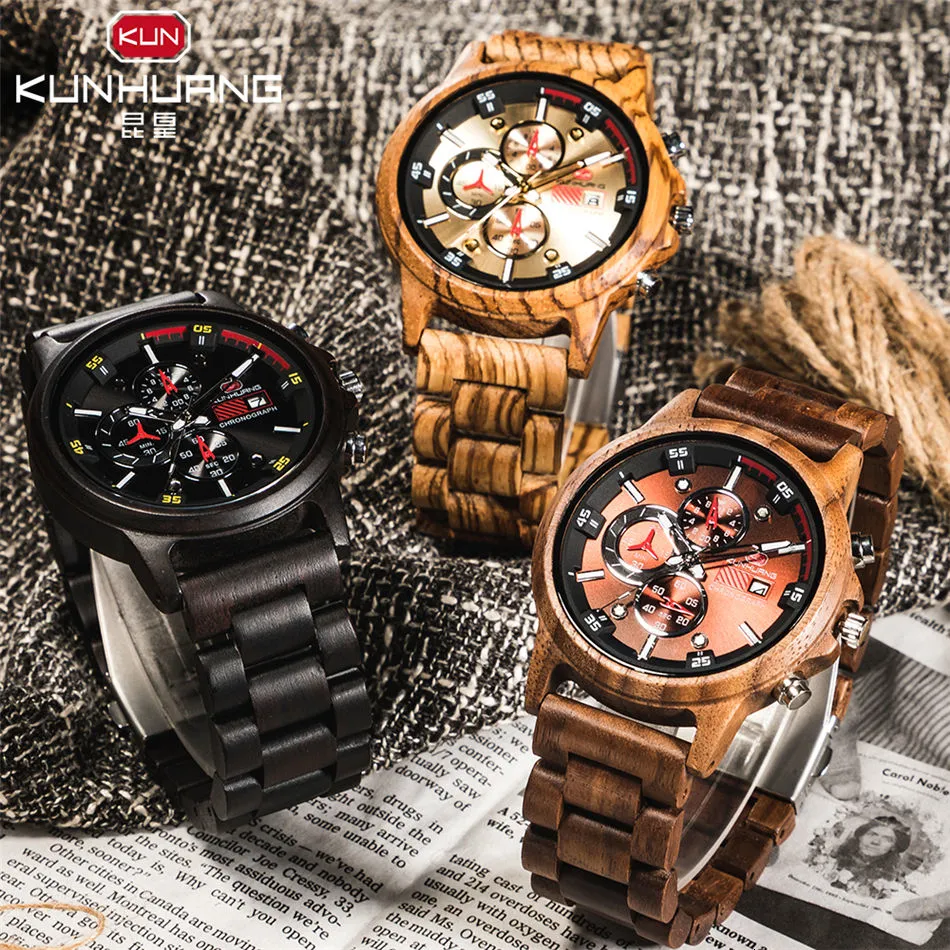Wooden Men's Watches Casual Fashion Stylish Wooden Chronograph Quartz Watches Sport Outdoor Military Watch Gift for Man LY191295K