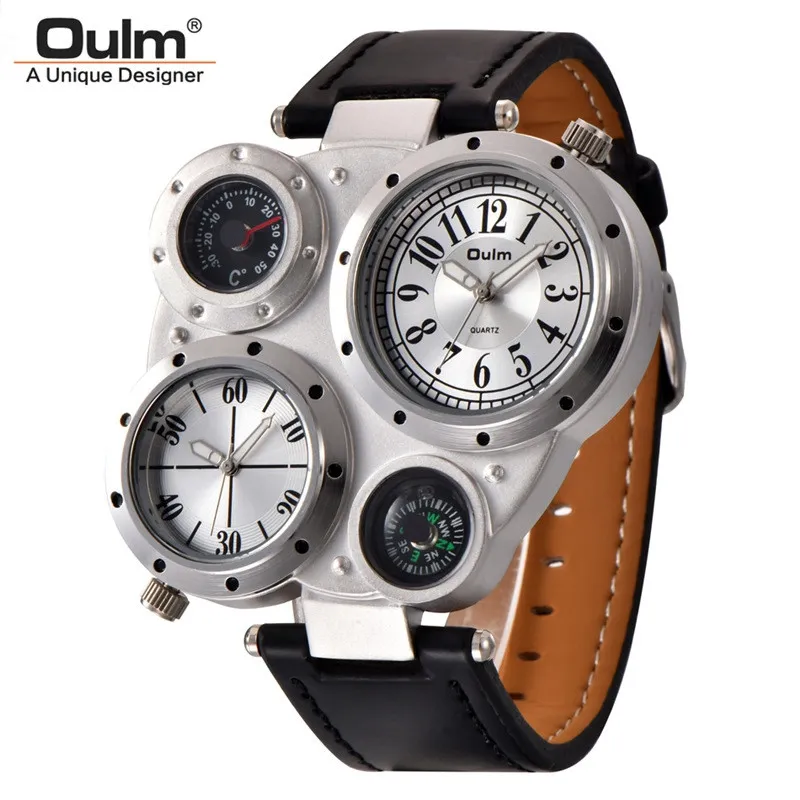 Oulm HP9415 Sport Watches Dual Time Zone Quartz Wristwatch Decorative Compass Thermometer Fashion Leather Male Watch2851