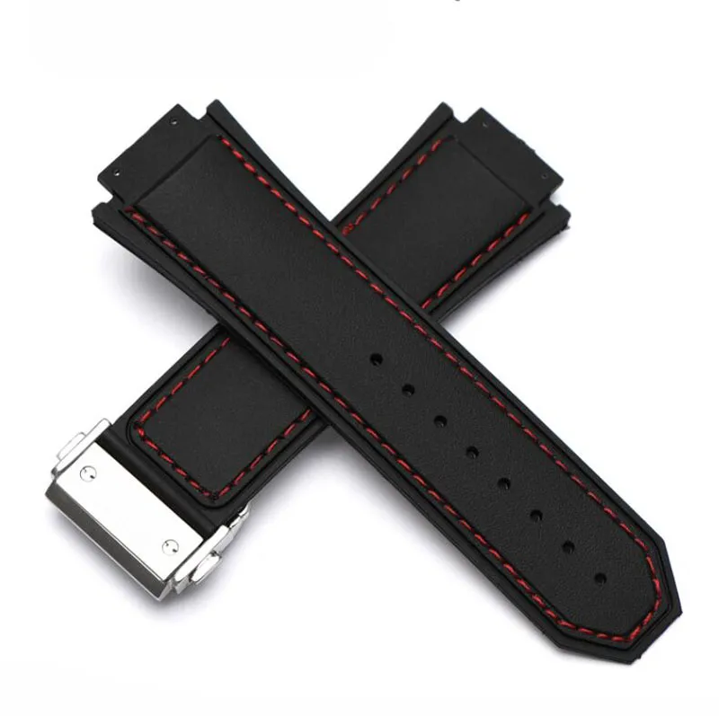 Assista Acessórios Men 26mm x 18mm de alta qualidade costura vermelha costura preta silicone relógio de relógio de relógio de sopa de fivela de fivela para hub big b1393257