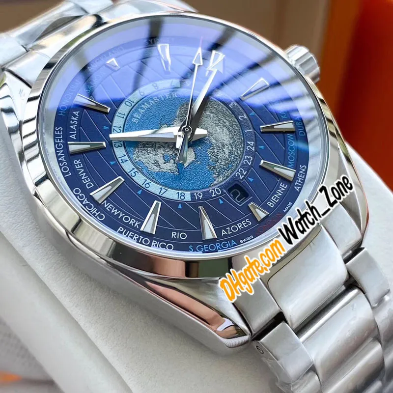 New Aqua Terra 150m 220 10 43 22 03 001 Universal Map Blue Dial Autoamtic Mens Watch SS Steel Bracelet Watches Limited Edition Wat220m