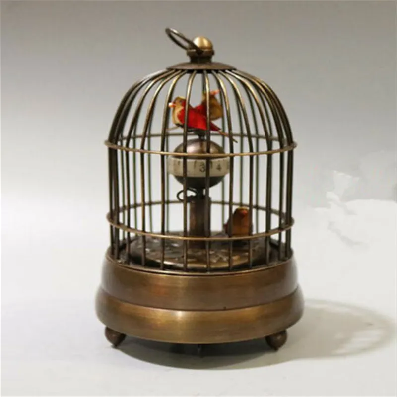 new Collectible Decorate Old Handwork Copper Two Bird In Cage Mechanical Table Clock294Q