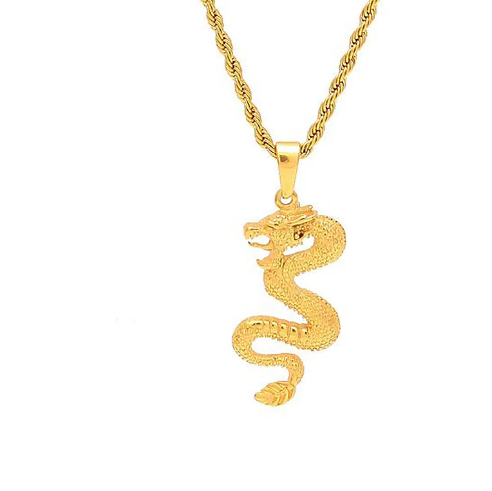 18K Gold Plated Gold Dragon Pendant Necklace Mens Charm with 24inch Cuban Link Chain Hip Hop Jewelry250O