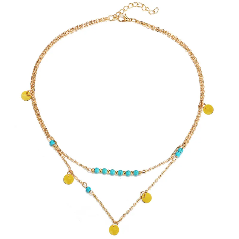 Vrouwen Boheemse etnische stijl turquoise kralen hangdoek ketting sleutelbeen ketting pailletten dubbele laag ketting mode sieraden