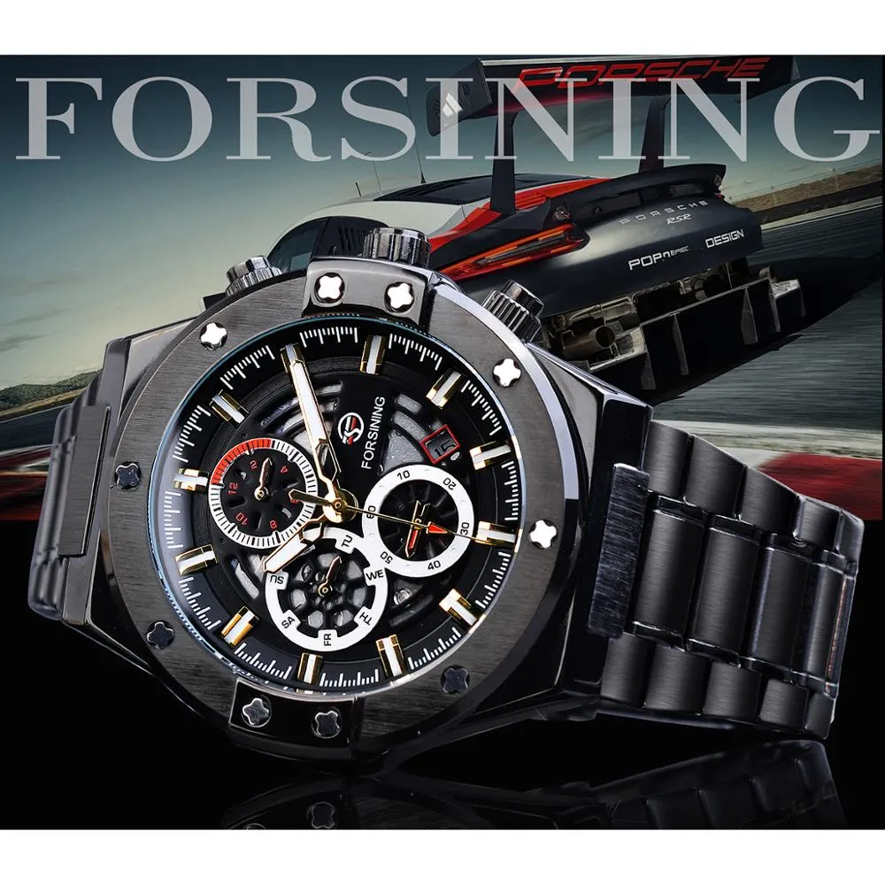 Forsining Racing hommes montre mécanique automatique étudiants jeu course calendrier mâle lueur mains noir acier inoxydable ceinture Mans Clock330J