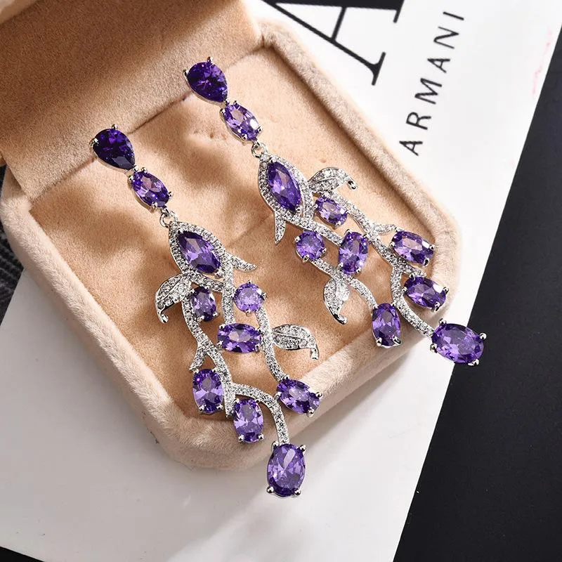 Purple Crystal Liście Kolczyki dla kobiet nowe luksusowe biżuterię ślubną srebro długa pendnat kolczyka 9678340