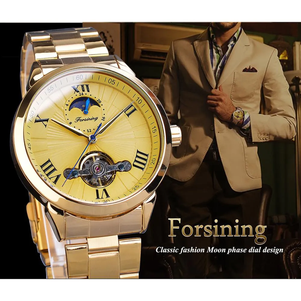 Forsining Golden Men Mechanical Wristwatch 3D Dial Automatic Tourbillon Moonphase Full Steel Big Watches Clock Relogio Masculino358Y