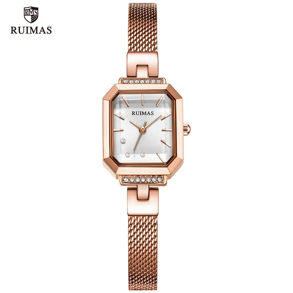 الساعات التناظرية البسيطة Ruimas Simple Thanses Luxury Rose Gold Square Watch Women Mesh Strap Wristwatch Top Brand Relogios Femininos 5792318