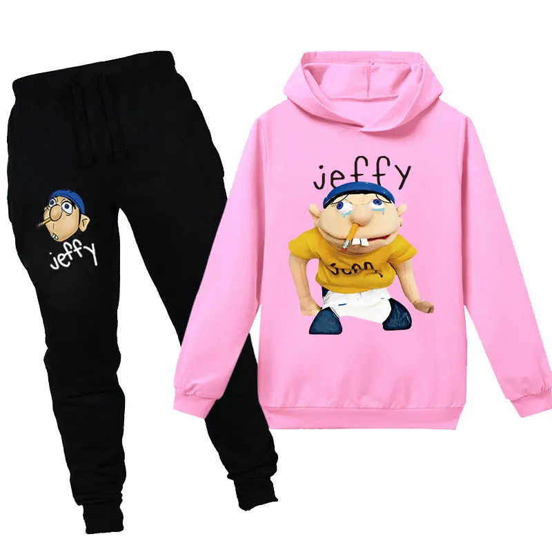 Cartoon Cartoon Jeffy Kids Sport Suit мальчики для мальчиков наборы для девочек брюки с капюшоном, детская костюма, подростки Pullov293X
