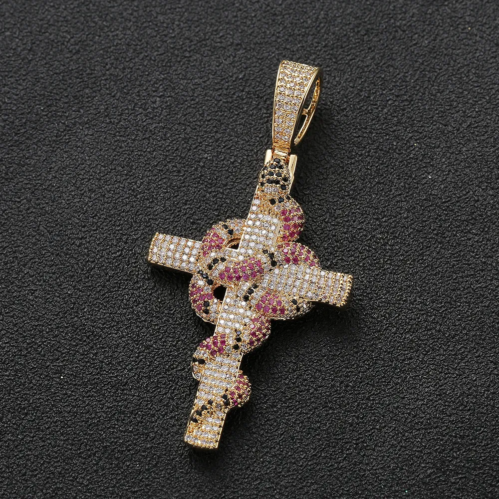 Collier serpent coloré glacé avec pendentif croix, chaîne de Tennis, couleur or, zircone cubique pour hommes, Hip hopJewelry2188