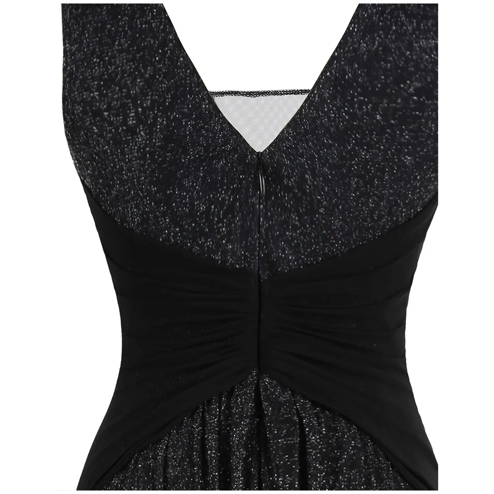 Angel-fashions женское плиссированное вечернее платье с v-образным вырезом и бисером, длинное вечернее платье трапециевидной формы, черное 486244u