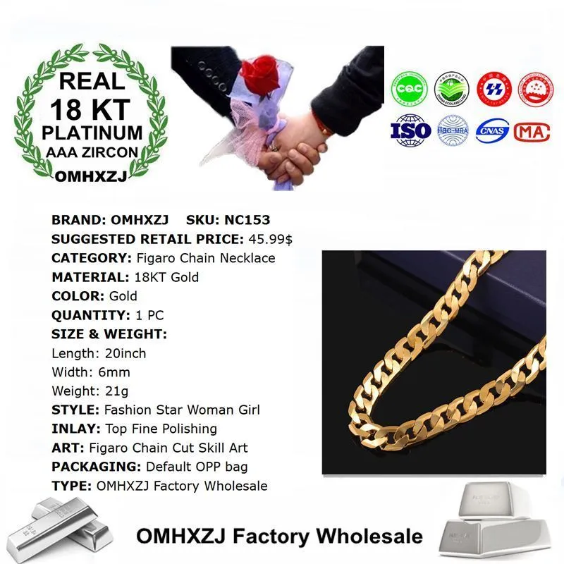 OMHXZJ Ganze Persönlichkeit Ketten Mode OL Frau Mädchen Party Hochzeit Geschenk Gold 6 MM Figaro Kette 18KT Golds Kette Halskette NC1531866561