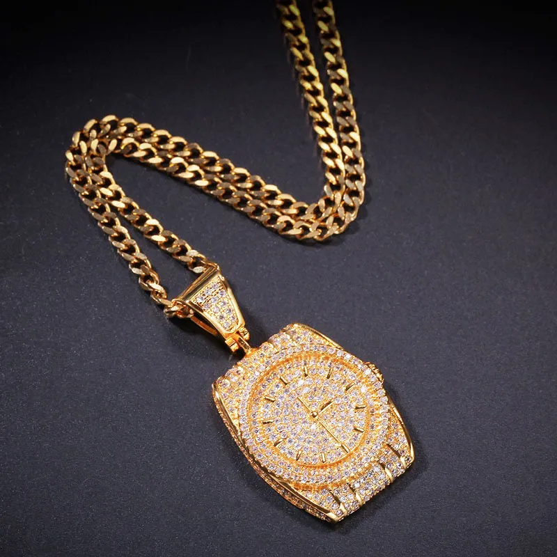 Collier avec pendentif à cadran Fashion-r pour hommes, style Hip Hop, bijoux, nouvelle montre à la mode, avec chaîne cubaine en or, 157g