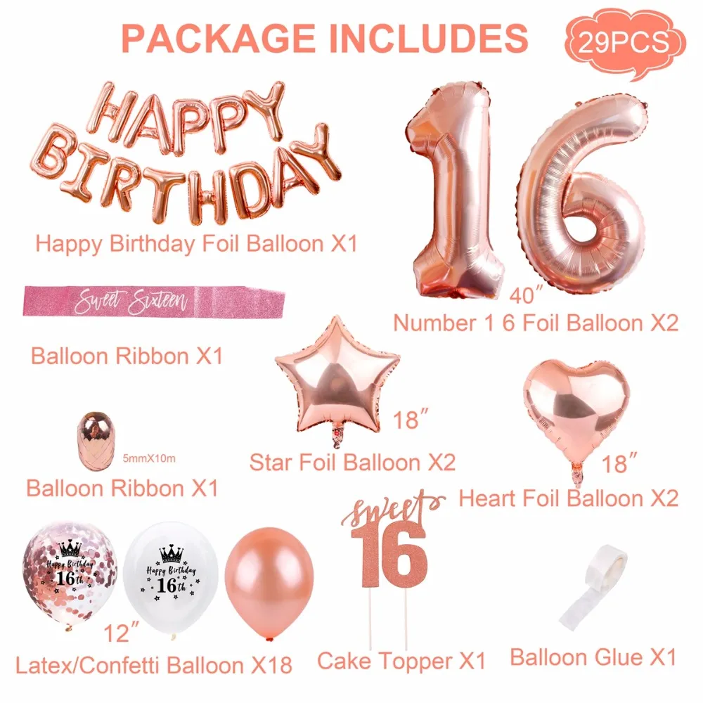 Patimate Happy Birthday Party Decors Kids Adult 16th Birthday Balloons Sweet 16 Party Decors 16 Birthday Party Favors Festival284F