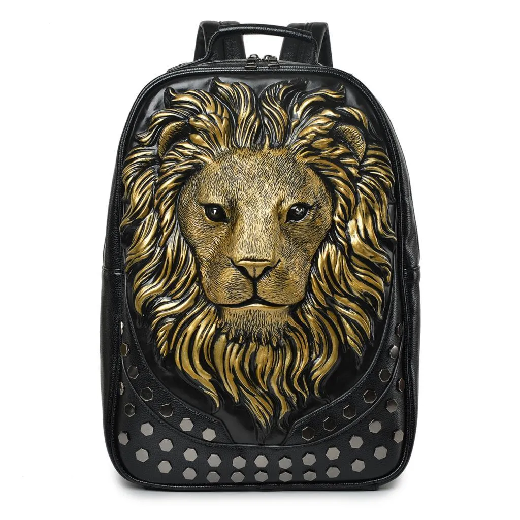Men Backpack Leather Soft 3D reliëf Lion Head Studded Rivet Gother Travel Punk Rock Backpack Laptop School Halloween Bag184m