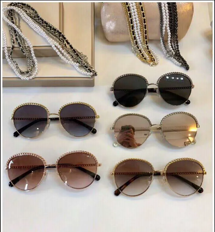 Bütün 2184 Altın Gri Gölgeli Güneş Gözlüğü Zinciri Kolye Güneş Gözlükleri Kadın Moda Tasarımcı Güneş Gafses Gafas Box188n ile