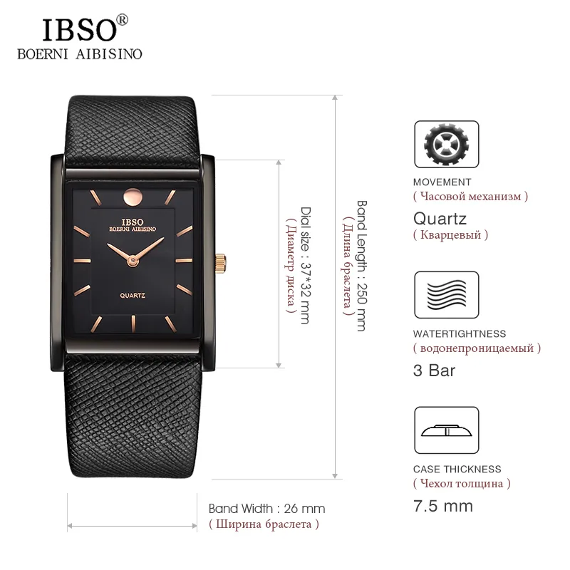 Ibso 7mm Ultradunne Rechthoek Wijzerplaat Quartz Horloge Zwart Lederen Band Horloge Mannen Klassieke Zakelijke Nieuwe Mannen Horloges 2019 Y267w