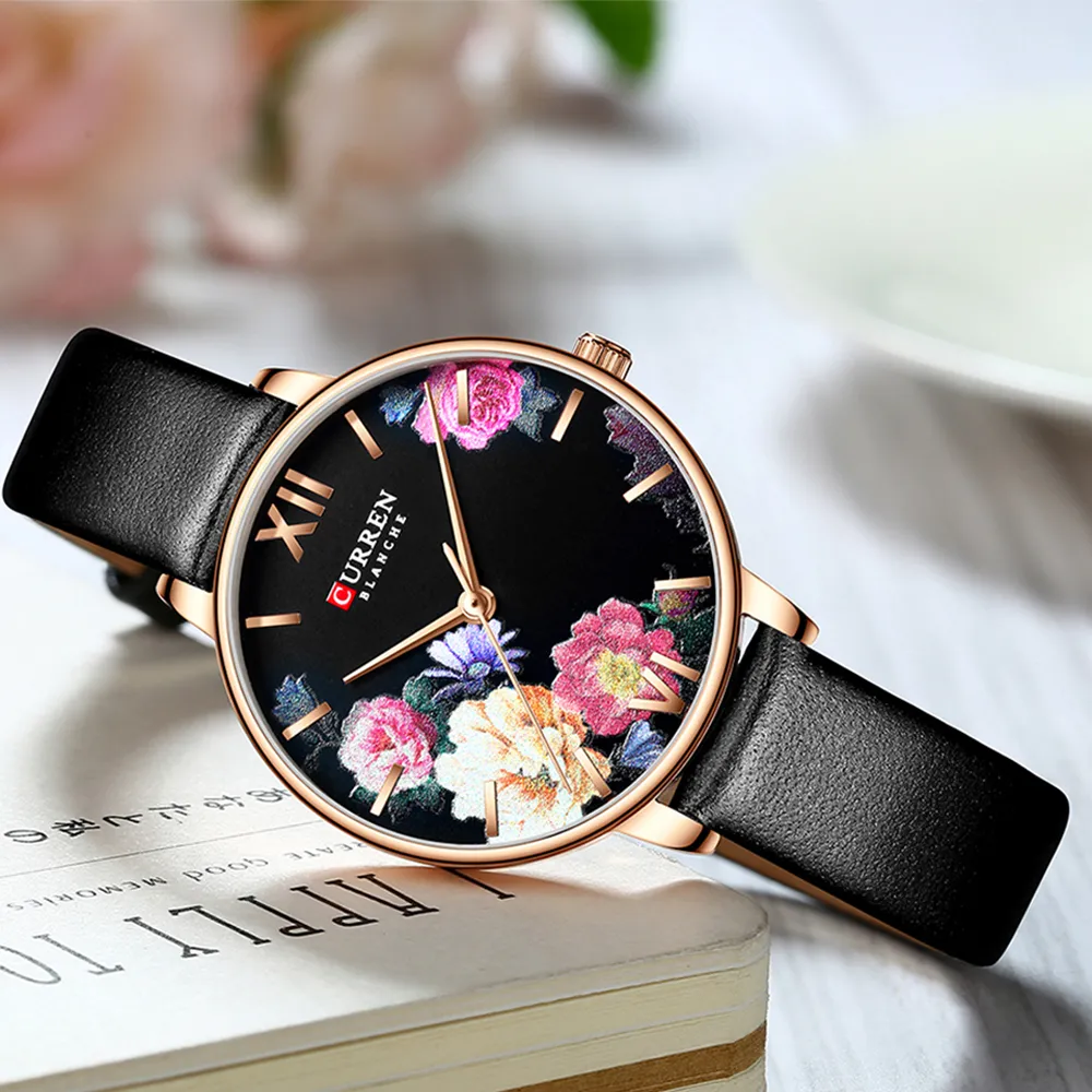 Mode Trend Flower Leather Watches Curren Classic Black Wristwatch Female Clock Ladies Quartz Watch Relogios Feminino299f