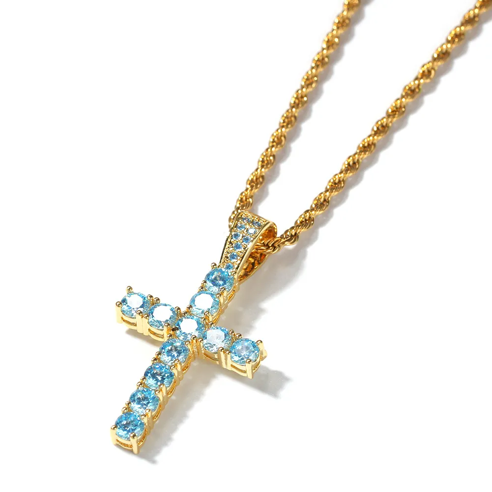 Collar con colgantes de cruz de diamante azul claro, joyería chapada en platino, regalo para amantes de las mujeres y hombres, joyería religiosa para parejas 221c