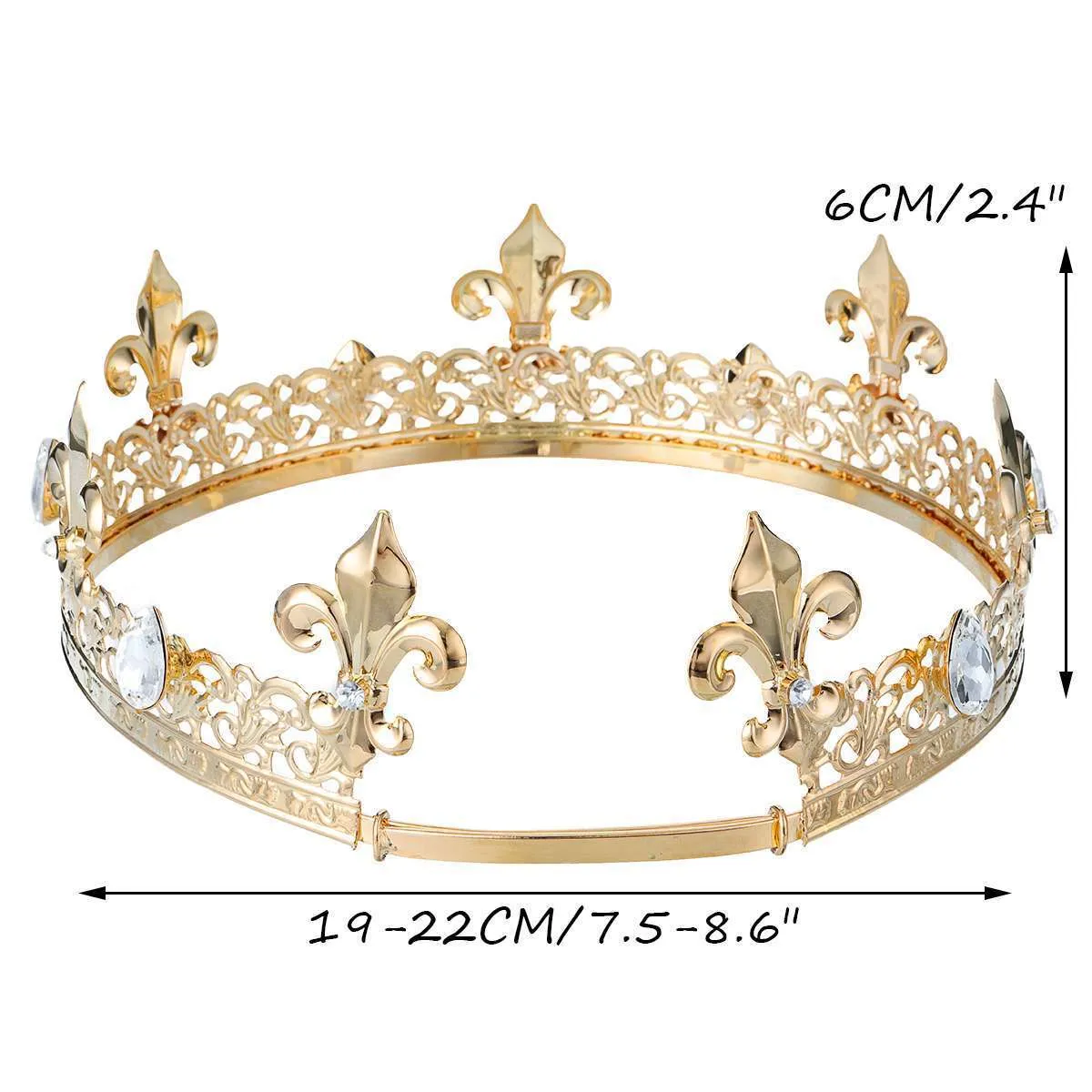 Men039s Imperial Medieval Gold King Couronne ronde complète Tiara Cristal Strass Réglable Fleur De Lis Décor Diadem Party Costum6771200