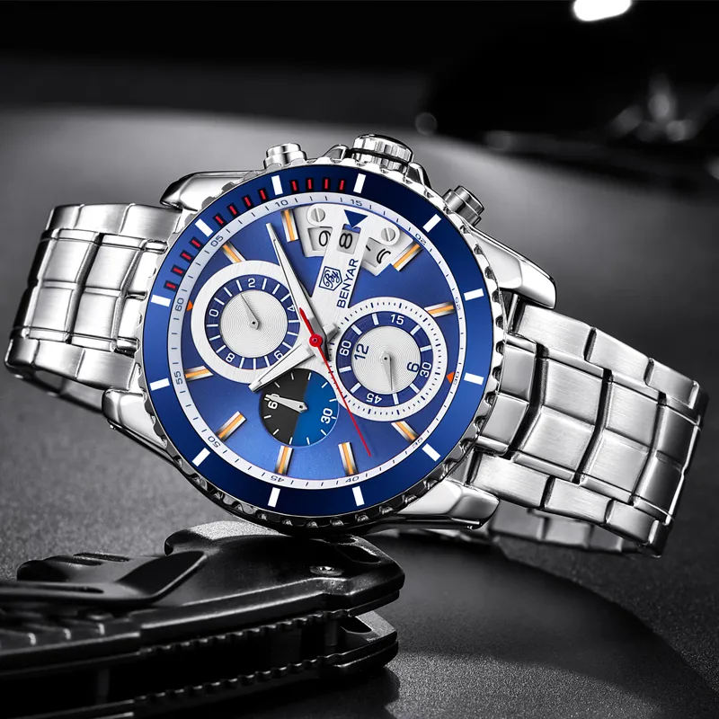 Bennyar Fashion Business Sukiety męskie zegarki Top marka luksus chronograf pełny stal wodoodporny kwarc wsparcie zegara drop230t