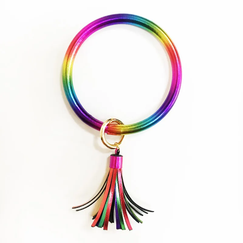 Colors PU Leather Round Tassel Bracelet Bangle Keychain For Women Trendy Rainbow Color Circle Wristlet Key Ring Wrist Strap153U