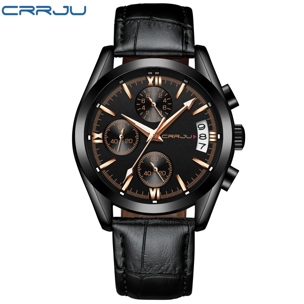 Crrju Men Military Watches Male Black Dial Business Quartz Watch Men's Leather Strap Waterfrof Waterproof Clock Date Multifunction Mens3020