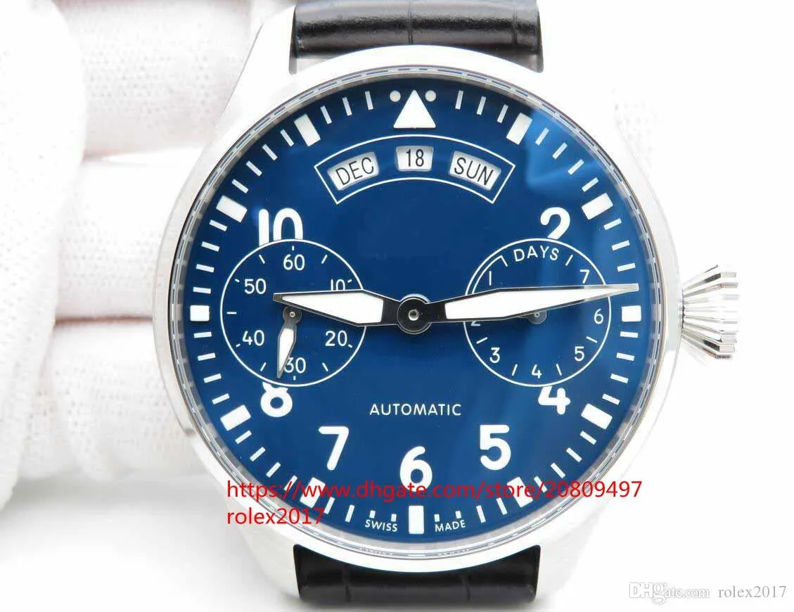Hereneditie Big Pilot 52850 blauwe wijzerplaat met cijfermarkeringen gangreserve zwart lederen automatische reserve-indicator horloges255b